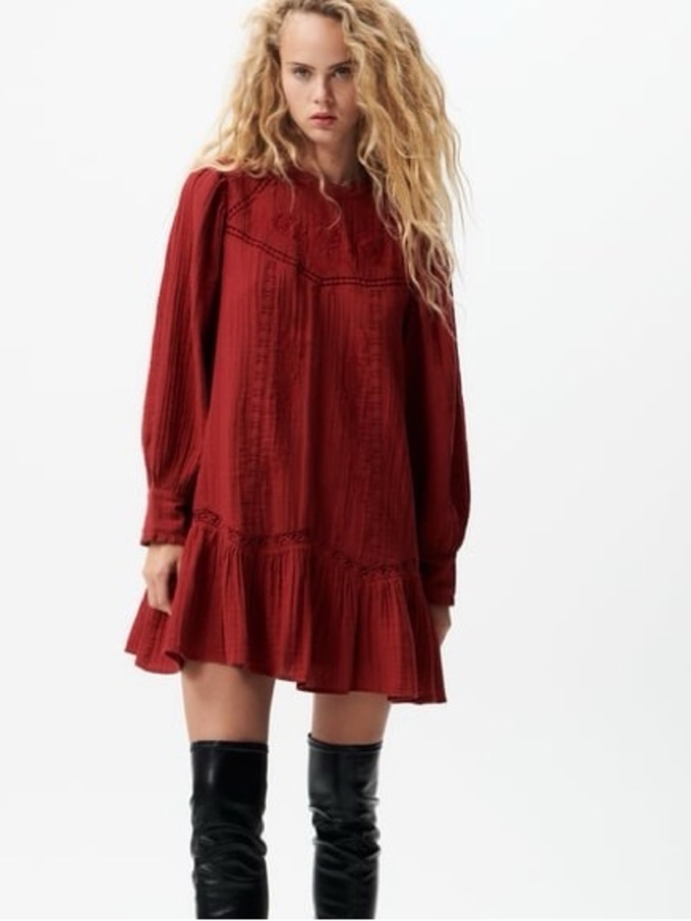 Zara Burgundy Long-Sleeve Mini Dress with Ruffle Hem